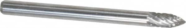 Atrax - 1/8" Cut Diam, 1/8" Shank Diam, Tree Head Double Cut Burr - Carbide, Point End, 1/4" LOC, 1-1/2" OAL - Exact Tooling