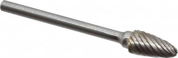 Atrax - 1/4" Cut Diam, 1/8" Shank Diam, Tree with Radius Head Single Cut Burr - Carbide, Radius End, 1/2" LOC, 1-3/4" OAL - Exact Tooling