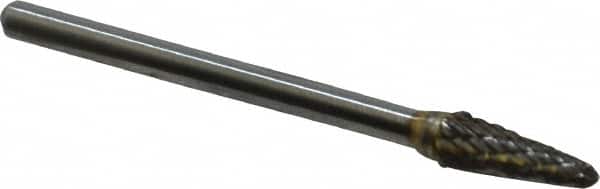 Atrax - 3/16" Cut Diam, 1/8" Shank Diam, Taper Head Double Cut Burr - Radius End, 1/2" LOC, 1-1/2" OAL - Exact Tooling