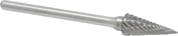 Atrax - 1/4" Cut Diam, 1/8" Shank Diam, Cone Head Double Cut Burr - Carbide, Point End, 1/2" LOC, 1-7/8" OAL - Exact Tooling