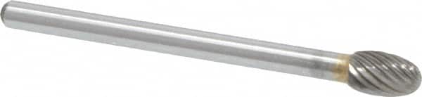 Atrax - 3/16" Cut Diam, 1/8" Shank Diam, Oval Head Single Cut Burr - Carbide, Radius End, 9/32" LOC, 1-1/2" OAL - Exact Tooling