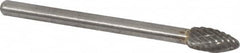 Atrax - 3/16" Cut Diam, 1/8" Shank Diam, Flame Head Double Cut Burr - Carbide, Radius End, 3/8" LOC, 1-1/2" OAL - Exact Tooling