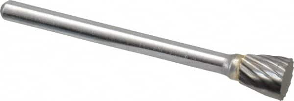 Atrax - 1/4" Cut Diam, 1/8" Shank Diam, Inverted Cone Head Single Cut Burr - Flat End, 1/4" LOC, 1-1/2" OAL - Exact Tooling