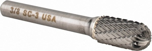 Atrax - 3/8" Cut Diam, 1/4" Shank Diam, Cylinder with Radius Head Double Cut Burr - Carbide, Radius End, 3/4" LOC, 2-1/2" OAL - Exact Tooling