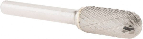 Atrax - 7/16" Cut Diam, 1/4" Shank Diam, Cylinder with Radius Head Double Cut Burr - Carbide, Radius End, 1" LOC, 2-3/4" OAL - Exact Tooling