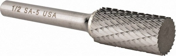 Atrax - 1/2" Cut Diam, 1/4" Shank Diam, Cylinder Head Double Cut Burr - Carbide, Flat End, 1" LOC, 2-3/4" OAL - Exact Tooling