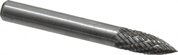 Atrax - 1/4" Cut Diam, 1/4" Shank Diam, Tree Head Double Cut Burr - Carbide, Point End, 5/8" LOC, 2" OAL - Exact Tooling