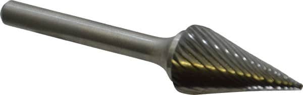 Atrax - 5/8" Cut Diam, 1/4" Shank Diam, Cone Head Single Cut Burr - Carbide, Point End, 1" LOC, 2-7/8" OAL - Exact Tooling