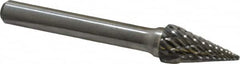 Atrax - 3/8" Cut Diam, 1/4" Shank Diam, Cone Head Double Cut Burr - Carbide, Point End, 5/8" LOC, 2-1/2" OAL - Exact Tooling