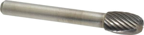 Atrax - 3/8" Cut Diam, 1/4" Shank Diam, Oval Head Single Cut Burr - Carbide, Radius End, 5/8" LOC, 2-3/8" OAL - Exact Tooling