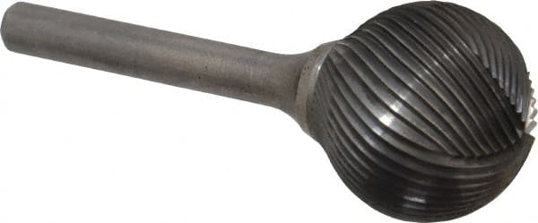 Atrax - 1" Cut Diam, 1/4" Shank Diam, Ball Head Single Cut Burr - Carbide, Radius End, 15/16" LOC, 2-3/4" OAL - Exact Tooling