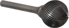 Atrax - 1" Cut Diam, 1/4" Shank Diam, Ball Head Single Cut Burr - Carbide, Radius End, 15/16" LOC, 2-3/4" OAL - Exact Tooling