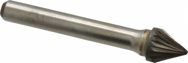 Atrax - 3/8" Cut Diam, 1/4" Shank Diam, Taper Head Single Cut Burr - Carbide, Radius End, 5/16" LOC, 2-1/16" OAL - Exact Tooling