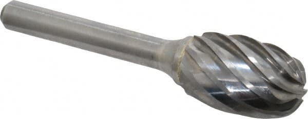 Atrax - 5/8" Cut Diam, 1/4" Shank Diam, Oval Head Fluted Cut Burr - Radius End, 1" LOC, 2-3/4" OAL - Exact Tooling