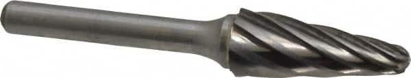 Atrax - 1/2" Cut Diam, 1/4" Shank Diam, Taper Head Fluted Cut Burr - Radius End, 1-1/8" LOC, 3" OAL - Exact Tooling