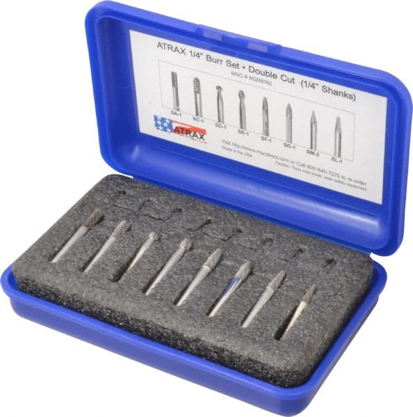 Atrax - 8 Piece, 1/4" Shank Burr Set - Tungsten Carbide, Multiple Head Shape - Exact Tooling