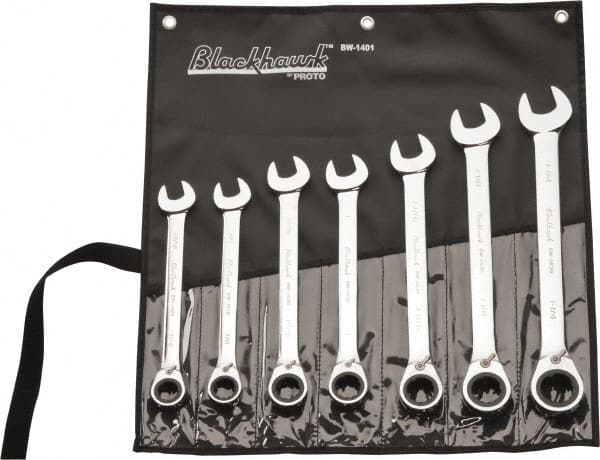Blackhawk by Proto - 7 Pc, 13/16 - 1-1/4", Reversible Ratcheting Combination Wrench Set - Exact Tooling