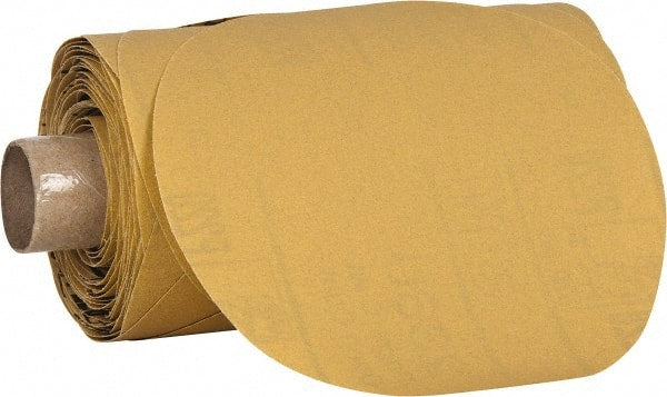 3M - 5" Diam, 320 Grit Aluminum Oxide Adhesive PSA Disc - Extra Fine Grade, Yellow, C Weighted Backing, Flexible, Use with Random Orbital Sanders - Exact Tooling