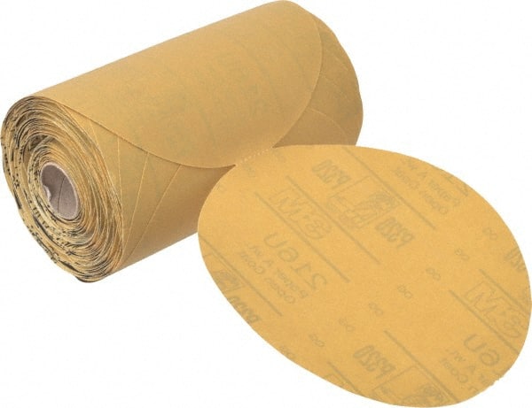 3M - 6" Diam, 320 Grit Aluminum Oxide Adhesive PSA Disc - Extra Fine Grade, Gold, A Weighted Backing, Flexible, Use with Random Orbital Sanders - Exact Tooling