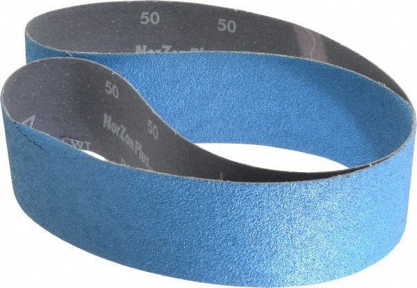 Norton - 2-1/2" Wide x 48" OAL, 50 Grit, Zirconia Alumina Abrasive Belt - Zirconia Alumina, Coarse, Coated, Y Weighted Cloth Backing, Dry, Series R821 - Exact Tooling