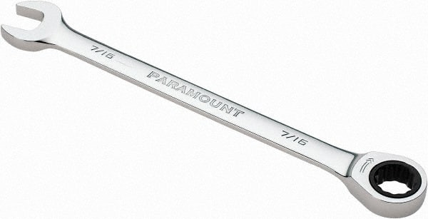 Paramount - 7/16" 12 Point Ratcheting Combination Wrench - 6-1/2" OAL, Chrome Vanadium Steel, Polished Finish - Exact Tooling