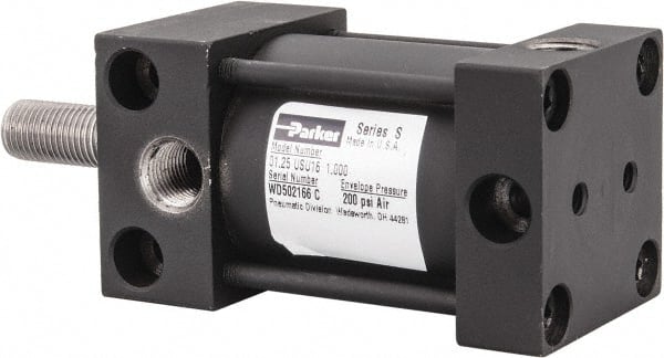 Parker - 1" Stroke x 1-1/4" Bore Double Acting Air Cylinder - 1/8 Port, 3/8-24 Rod Thread, 200 Max psi, -10 to 165°F - Exact Tooling
