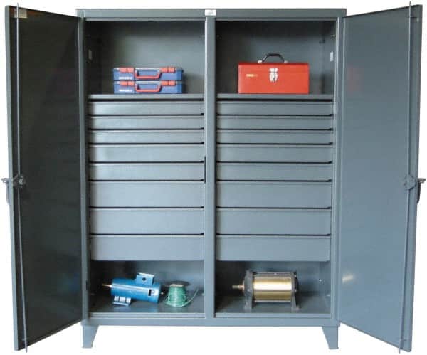 Strong Hold - 2 Shelf 16 Bin Locking Storage Cabinet - Steel, 72" Wide x 24" Deep x 78" High, Dark Gray - Exact Tooling