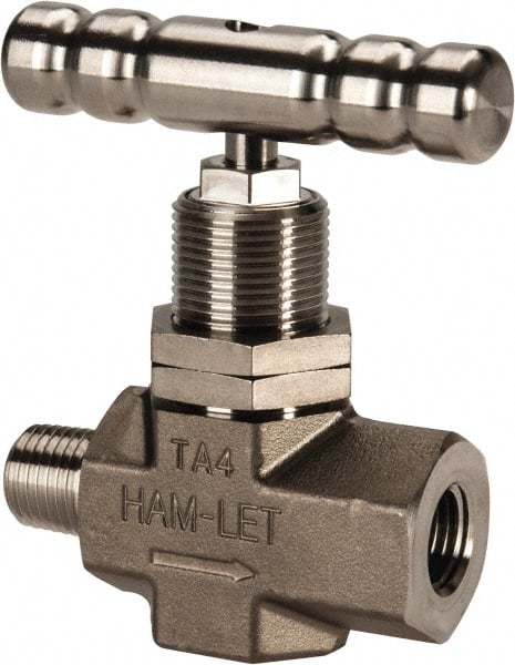 Ham-Let - 5,000 Max psi, 1/4" Pipe, 316 Grade Stainless Steel, Inline Soft Seat Instrumentation Needle Valve - MNPT x FNPT End Connections, Swaglok SS-1KM4-F4-SH - Exact Tooling
