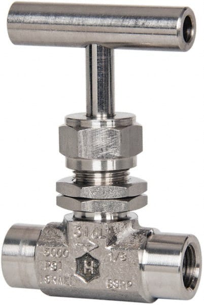 Ham-Let - 5,000 Max psi, 1/8" Pipe, 316 Grade Stainless Steel, Inline Stem Vee Instrumentation Needle Valve - FNPT x FNPT End Connections, Swaglok SS-OVF2-SH - Exact Tooling