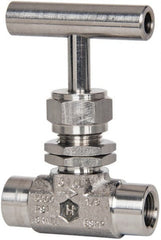 Ham-Let - 5,000 Max psi, 1/4" Pipe, 316 Grade Stainless Steel, Inline Stem Vee Instrumentation Needle Valve - FNPT x FNPT End Connections, Swaglok SS-1VF4-SH - Exact Tooling