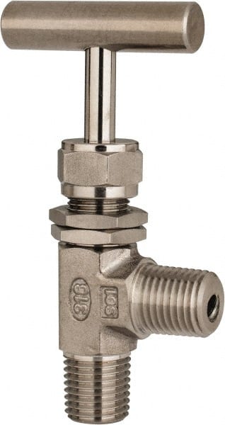 Ham-Let - 5,000 Max psi, 1/4" Pipe, 316 Grade Stainless Steel, Angled Instrumentation Needle Valve - MNPT x MNPT End Connections, Swaglok SS-1RM4-A - Exact Tooling