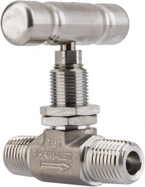 Ham-Let - 5,000 Max psi, 1/4" Pipe, 316 Grade Stainless Steel, Inline Stem Vee Instrumentation Needle Valve - MNPT x MNPT End Connections, Swaglok SS-1VM4-SH - Exact Tooling