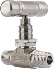 Ham-Let - 5,000 Max psi, 1/4" Pipe, 316 Grade Stainless Steel, Inline Stem Vee Instrumentation Needle Valve - MNPT x MNPT End Connections, Swaglok SS-1VM4-SH - Exact Tooling