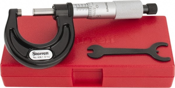 Starrett - 0 to 1" Range, 0.0001" Graduation, Mechanical Outside Micrometer - Ratchet Stop Thimble, Accurate to 0.00005" - Exact Tooling