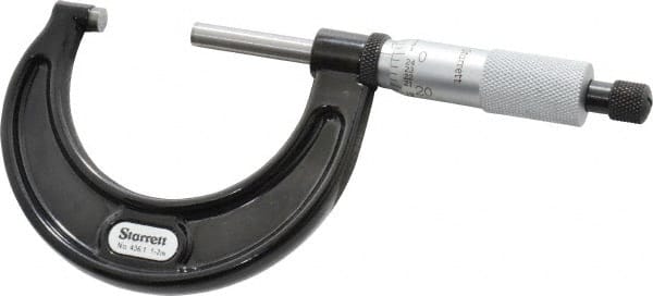 Starrett - 1 to 2" Range, 0.0001" Graduation, Mechanical Outside Micrometer - Ratchet Stop Thimble, Accurate to 0.00005" - Exact Tooling
