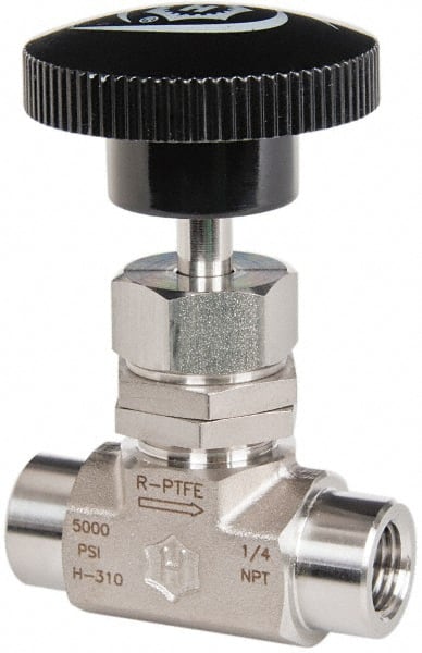 Ham-Let - 5,000 Max psi, 1/4" Pipe, 316 Grade Stainless Steel, Angled Stem Regulating Instrumentation Needle Valve - FNPT x FNPT End Connections, Swaglok SS-1RF4-A - Exact Tooling