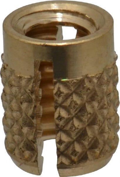 E-Z LOK - #6-32 UNC Brass Flush Press Fit Threaded Insert for Plastic - 1/4" OAL, 0.199" Insert Diam, 3/16" Hole Diam, 3/16" Drill - Exact Tooling