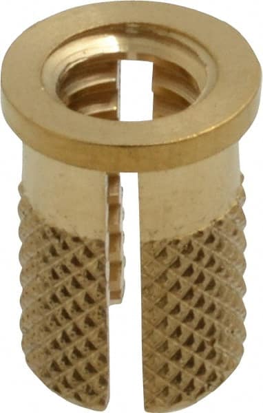 E-Z LOK - 1/4-20 UNC Brass Flanged Press Fit Threaded Insert for Plastic - 1/2" OAL, 0.326" Insert Diam, 5/16" Hole Diam, 5/16" Drill - Exact Tooling