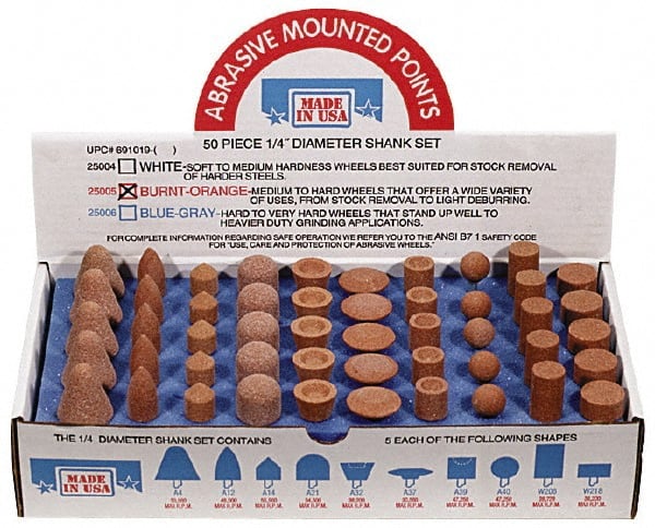 Made in USA - 50 Piece Aluminum Oxide Vitrified Mounted Stone Abrasive Point Set - Includes Shapes A4, A12, A14, A21, A32, A37, A39, A40, W206 & W218 - Exact Tooling