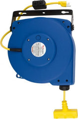 Value Collection - 16 AWG, 50' Cable Length, Cord & Cable Reel with Outlet End - 3 Outlets, NEMA 5-15, 10 Amps, SJT, SJTOW Cable, Blue Reel - Exact Tooling