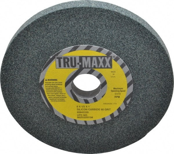 Tru-Maxx - 60 Grit Silicon Carbide Bench & Pedestal Grinding Wheel - 6" Diam x 1" Hole x 1/2" Thick, 5410 Max RPM, K Hardness, Medium Grade , Vitrified Bond - Exact Tooling