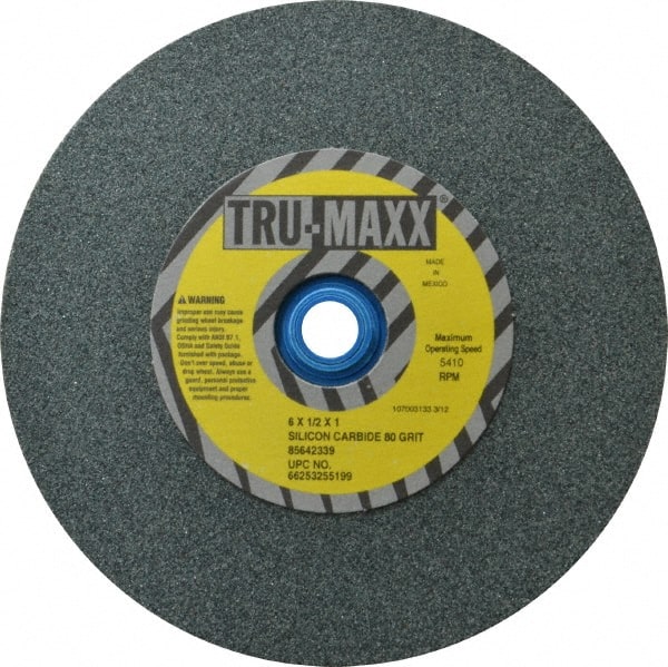 Tru-Maxx - 80 Grit Silicon Carbide Bench & Pedestal Grinding Wheel - 6" Diam x 1" Hole x 1/2" Thick, 5410 Max RPM, K Hardness, Medium Grade , Vitrified Bond - Exact Tooling