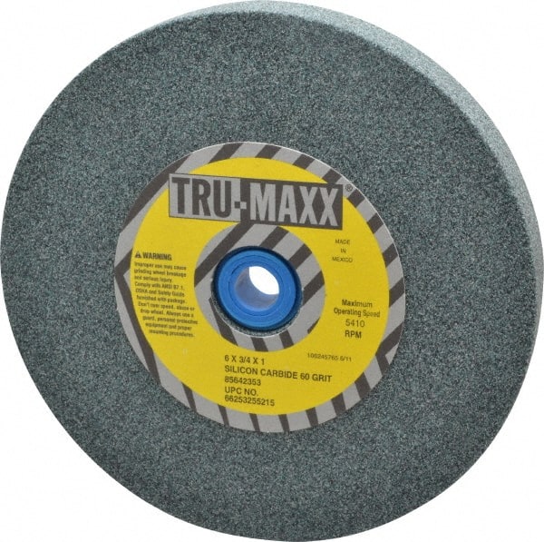 Tru-Maxx - 60 Grit Silicon Carbide Bench & Pedestal Grinding Wheel - 6" Diam x 1" Hole x 3/4" Thick, 5410 Max RPM, K Hardness, Medium Grade , Vitrified Bond - Exact Tooling