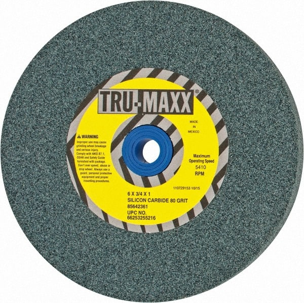 Tru-Maxx - 80 Grit Silicon Carbide Bench & Pedestal Grinding Wheel - 6" Diam x 1" Hole x 3/4" Thick, 5410 Max RPM, K Hardness, Medium Grade , Vitrified Bond - Exact Tooling