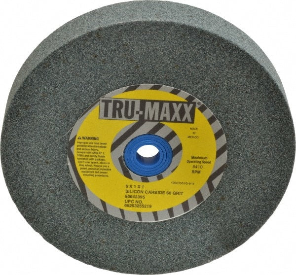 Tru-Maxx - 60 Grit Silicon Carbide Bench & Pedestal Grinding Wheel - 6" Diam x 1" Hole x 1" Thick, 5410 Max RPM, K Hardness, Medium Grade , Vitrified Bond - Exact Tooling