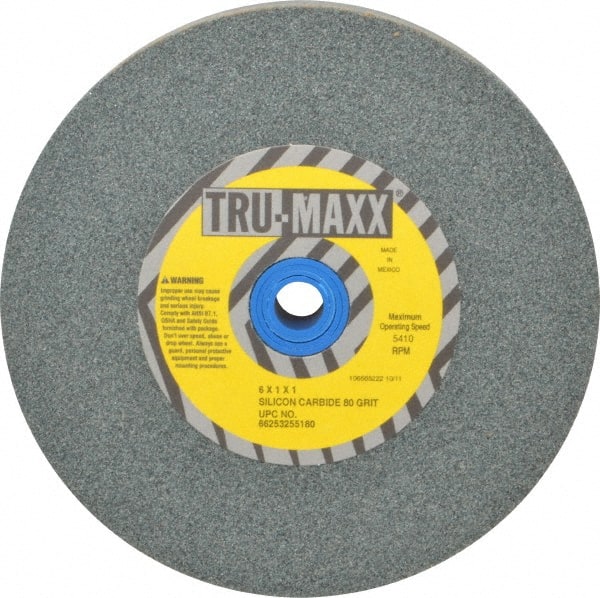 Tru-Maxx - 80 Grit Silicon Carbide Bench & Pedestal Grinding Wheel - 6" Diam x 1" Hole x 1" Thick, 5410 Max RPM, K Hardness, Medium Grade , Vitrified Bond - Exact Tooling