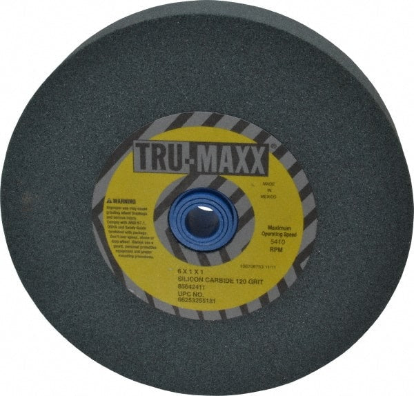 Tru-Maxx - 120 Grit Silicon Carbide Bench & Pedestal Grinding Wheel - 6" Diam x 1" Hole x 1" Thick, 5410 Max RPM, K Hardness, Fine Grade , Vitrified Bond - Exact Tooling