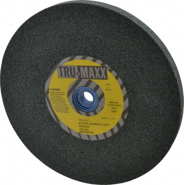Tru-Maxx - 60 Grit Silicon Carbide Bench & Pedestal Grinding Wheel - 7" Diam x 1" Hole x 1/2" Thick, 3600 Max RPM, K Hardness, Medium Grade , Vitrified Bond - Exact Tooling