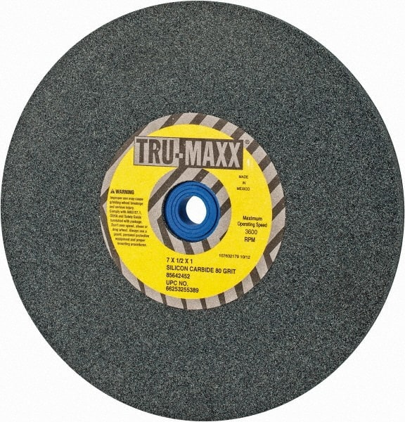 Tru-Maxx - 80 Grit Silicon Carbide Bench & Pedestal Grinding Wheel - 7" Diam x 1" Hole x 1/2" Thick, 3600 Max RPM, K Hardness, Medium Grade , Vitrified Bond - Exact Tooling