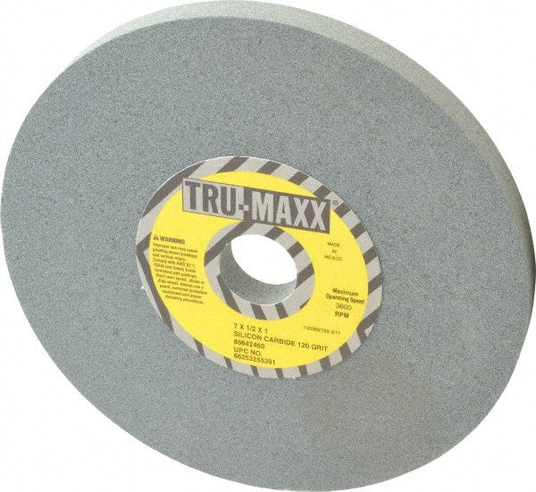 Tru-Maxx - 120 Grit Silicon Carbide Bench & Pedestal Grinding Wheel - 7" Diam x 1" Hole x 1/2" Thick, 3600 Max RPM, K Hardness, Fine Grade , Vitrified Bond - Exact Tooling